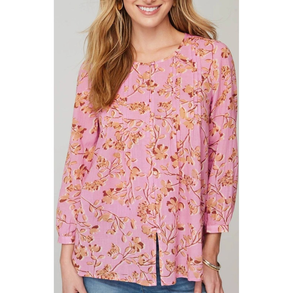 New J.Jill Printed A-line Pintucked Floral‎ Blouse Top Pink Lilac Sz XL Petite
